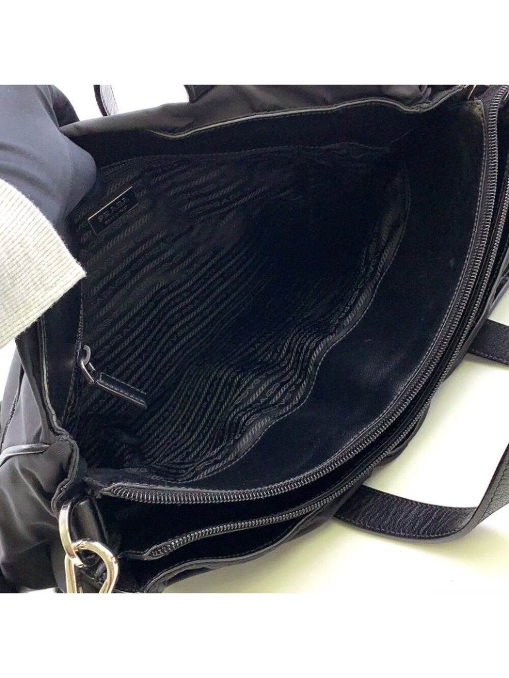 Prada 2-Way Shoulder Leather Nylon Black Handbag Silver - Picture 3 of 14